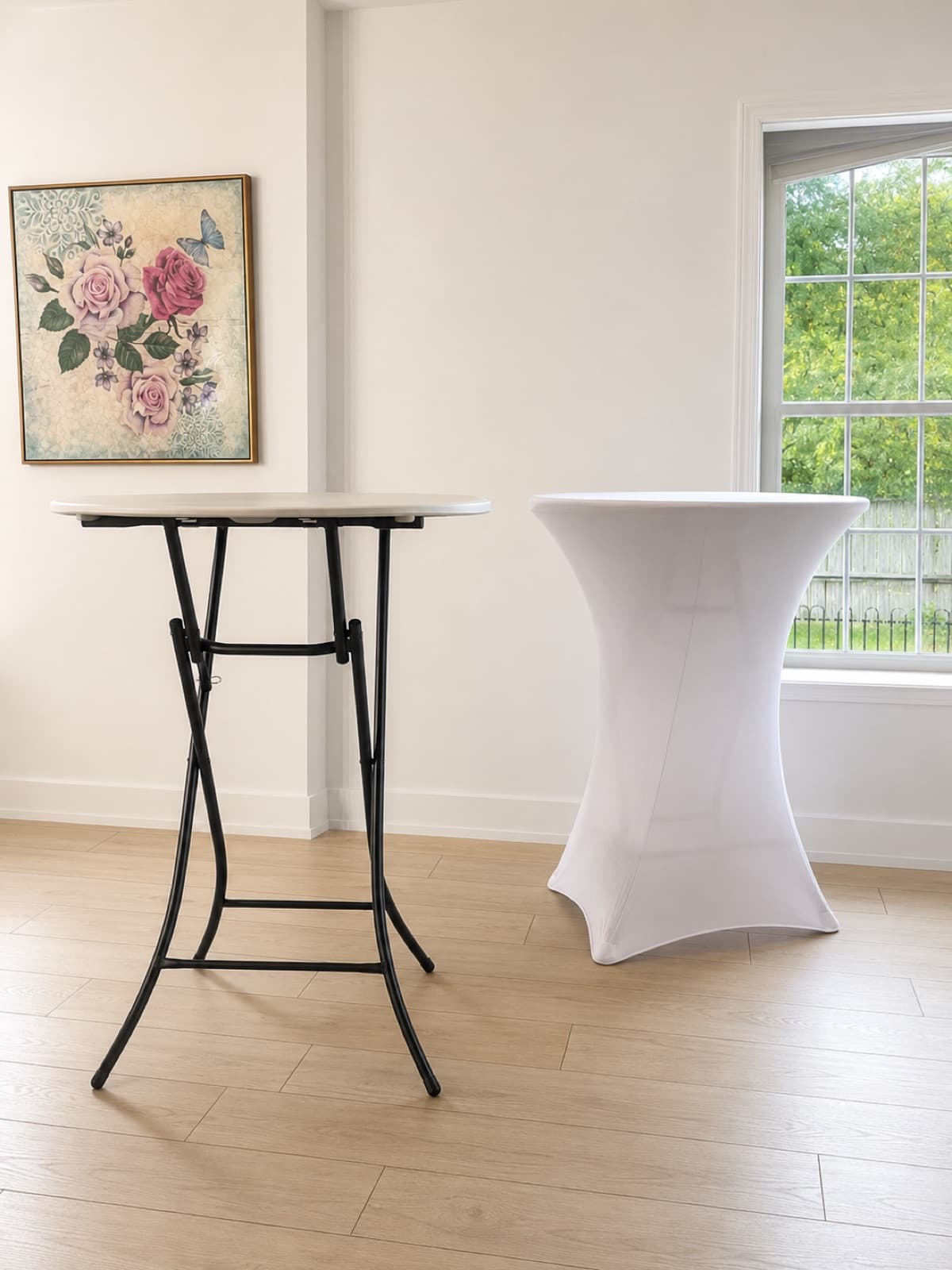 Cocktail table — bar height, bare and with spandex cover