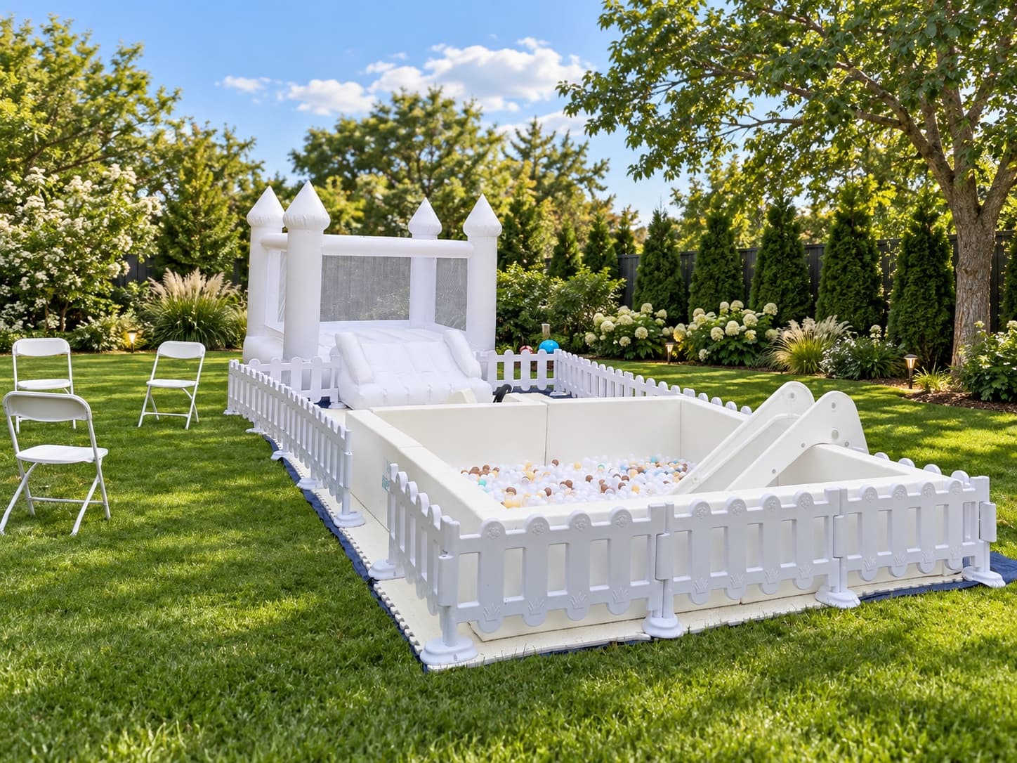 White bouncy castle and ball pit package set up outdoors